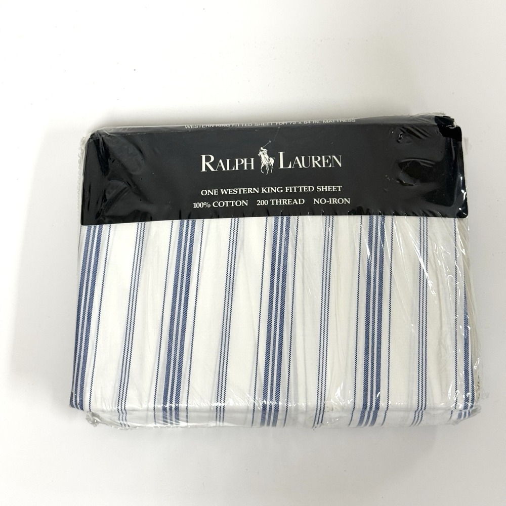 Rare Vintage Ralph Lauren Village Stripe White Blue Fitted Sheet - Cal King